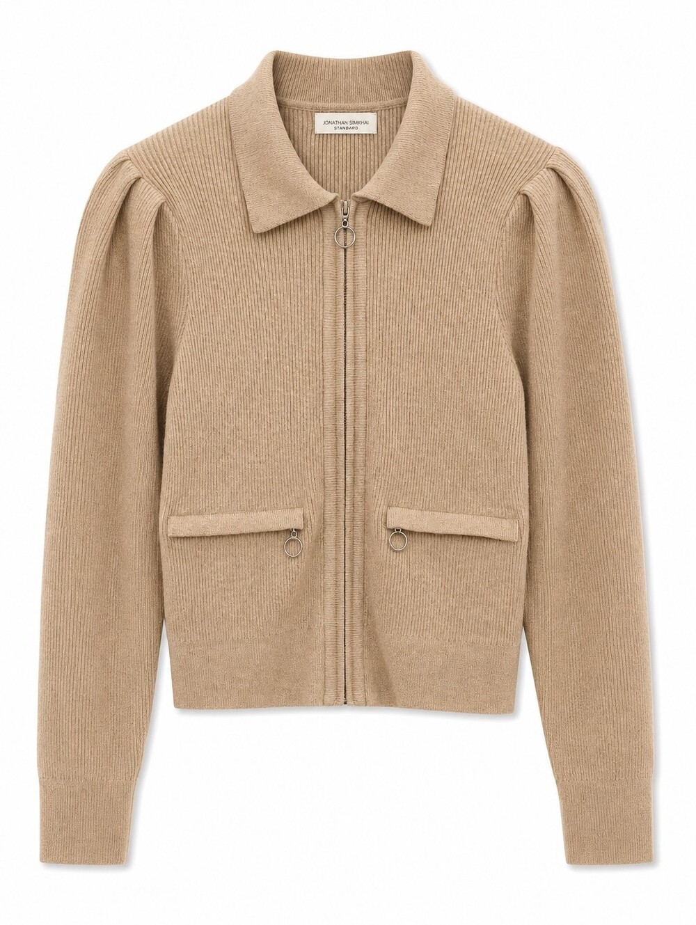 SIMKHAI Standard Oatmeal Ribbed Puff Sleeve Zip Up Cardigan Sweater, S